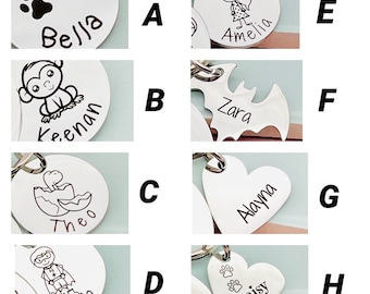 May include: A set of ten personalized keychains with various designs and names. The keychains feature a paw print, a monkey, a dinosaur, a superhero, a girl, a bat, a heart, and a paw print heart. The names on the keychains are Bella, Keenan, Theo, Caleb, Amelia, Zara, Alayna, and Daisy.