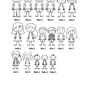 May include: A black and white stick figure family illustration. The family includes a man, a woman, four children, and two grandparents. The family members are labeled with their roles, such as "Man 1", "Lady 2", "Boy 1", and "Girl 3".