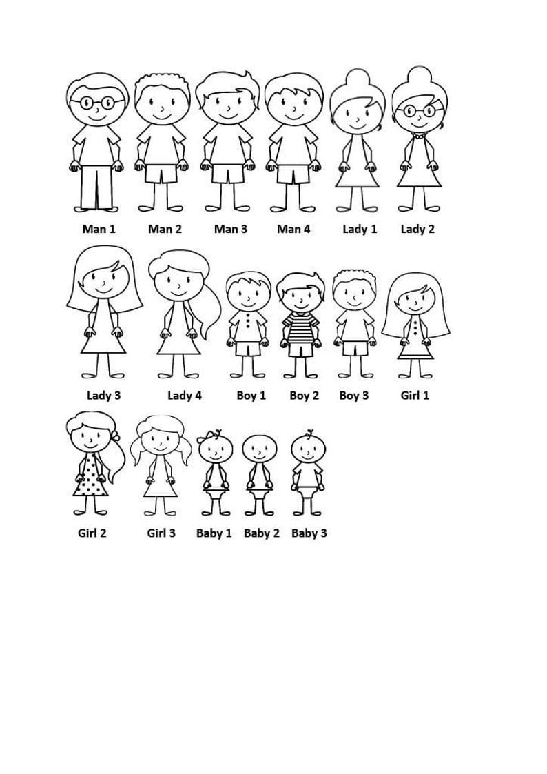 May include: A black and white stick figure family illustration. The family includes a man, a woman, four children, and two grandparents. The family members are labeled with their roles, such as "Man 1", "Lady 2", "Boy 1", and "Girl 3".