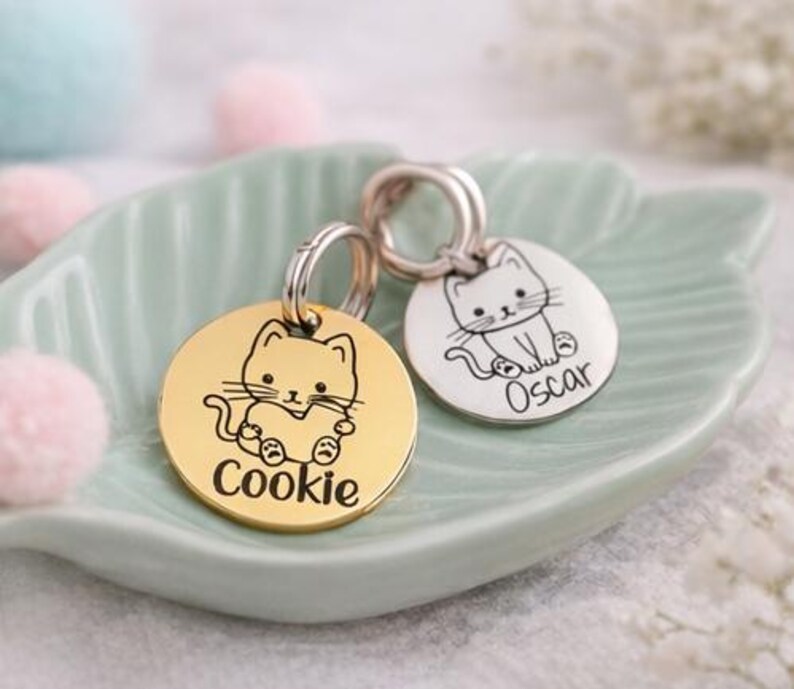 May include: Two round pet tags with cat illustrations. One is gold-colored with the name "Cookie", and the other is silver-colored with the name "Oscar". Both tags have a silver ring for attachment. The tags are on a light green, leaf-shaped dish.