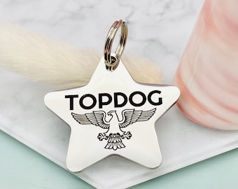 Dog Tag, Star Name Tag, Pet ID, Dog Name Disc, Engraved Stainless Steel, Topdog, Eagle, D3