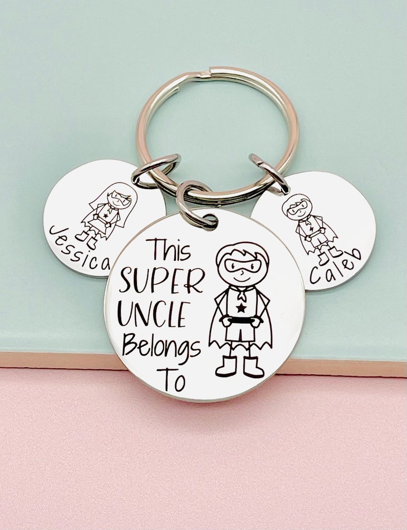 Uncle Gift, This Super Uncle Belongs To, Best Uncle, Gift for Uncle, Brother Gift, Personalised Keyring, Super Hero Gift, image 1