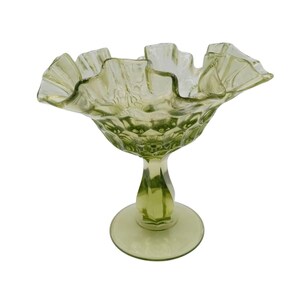Vintage Fenton Glass Candy Dish Pedestal Green Thumbprint Ruffle Rim Compote 6&quot;