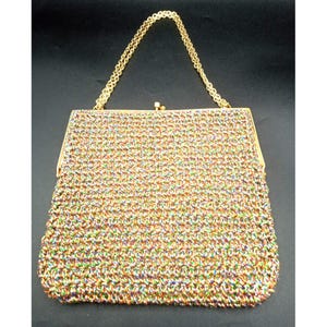 Bolso de noche con cadena de latón de Hong Kong de Walborg tejida con arcoíris, estilo vintage de los años 60