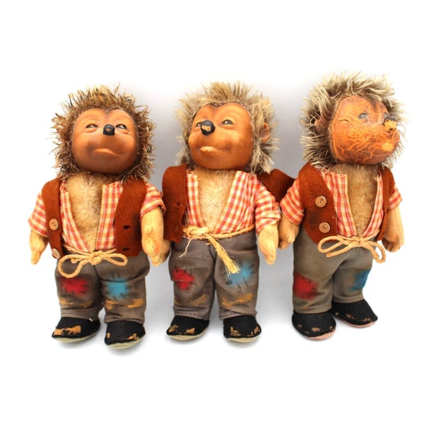 Steiff 1950s Mecki Hedgehog Men Set of 3 Figures Various Condition Issues 7 Inch