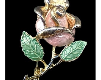 Rose Broche Emaille Pin Roze & Goud Toon Vintage 2 Inch Groene Bladeren Grandmacore