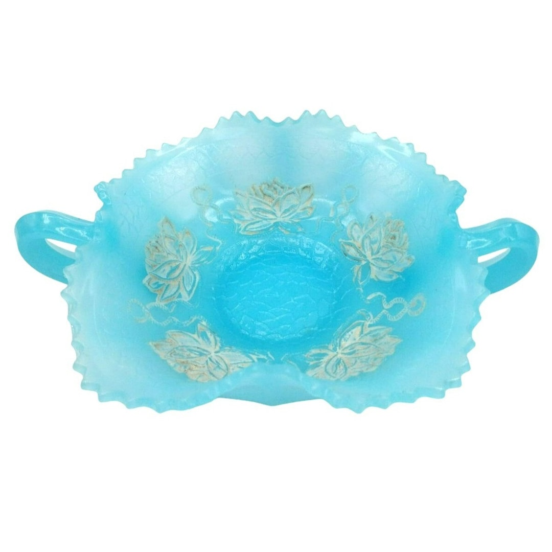 Fenton Blue Milk Glass Candy Dish Bowl Two Handles White Floral Accent