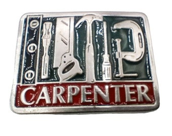 Carpenter Belt Buckle Silver Color Tools Black Red Enamel Background Vintage 3"