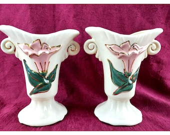 Vintage Pair of Hull Pottery Vases Flowers Gold Trim Pink Floral Design 6 Inches