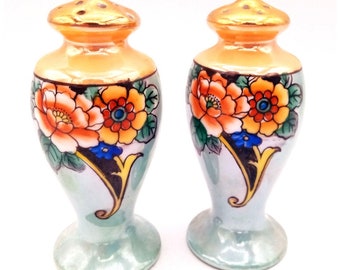 Lusterware Salero Pimentero Detalle Melocotón Acentos Florales Azul Perla 4" Japón