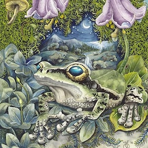 Kunstkarten Portal 3.5 "x 7" aus Originalgemälde Aquarell, Frosch Moos Schmetterling mystischen Zauberwald Natur Realismus Kinder
