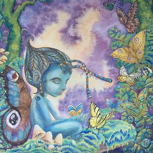 Rêveur, carte d’Art fée, Fantasy Art, aquarelle originale, forêt fée, fée endormie, bleu, papillons, arbres, ailes, fougères