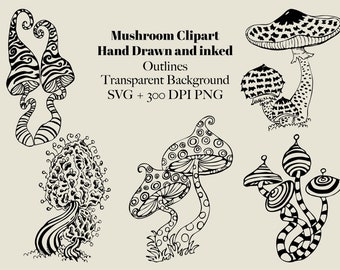 Mushroom Clipart Hand-Drawn Inked Clip Art Black and White Mushroom Illustrations (SVG, PNG)