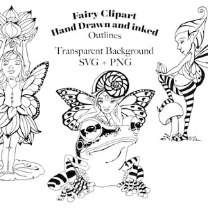 Puede incluir: Ilustración en blanco y negro de tres hadas en líneas. Una hada sostiene una flor de loto, otra está de pie sobre un hongo y la tercera está sentada sobre una rana. La imagen tiene un fondo transparente.