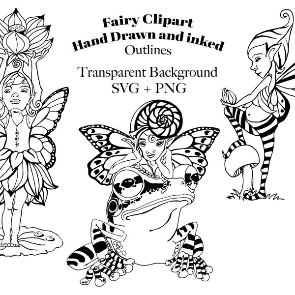 Fairy Clipart SVG - Black and White Fairy Line art - Flower Fairy Clip art - Lotus Flower - Hand Drawn - Pen and Ink - png - Transparent