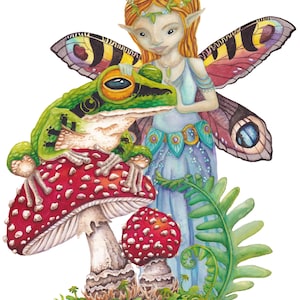 May include: A watercolor painting of a fairy with butterfly wings, wearing a blue dress and a crown of leaves, holding a green frog on a red and white mushroom.