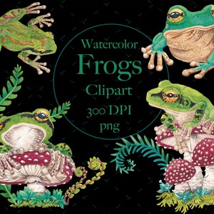Bundle de cliparts grenouille - clipart rainette - champignon - fougère - illustration de grenouille - aquarelle - peint à la main - téléchargement numérique - 300 DPI PNG