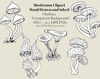 Whimsical Mushroom Clipart – Hand Drawn Pen and Ink Illustration (PNG + SVG Digital Download)