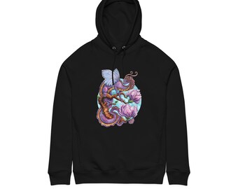 Dragon Hoodie Organic Cotton Flower Dragon Sweatshirt Fantasy Lover Gift Eco Friendly Apparel Dragon Art Printed Unisex Boho Cozy