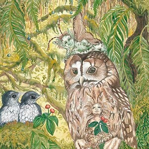 Gaurdian 5 "x 7 » Art cartes de peintures originales d’aquarelle, la chouette forêt fées pixies fantasy art nature fougères oiseaux mousse pour enfants