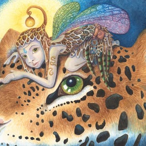 Tarjeta de arte de hadas en acuarela – Postal de fantasía Viaje del Jaguar