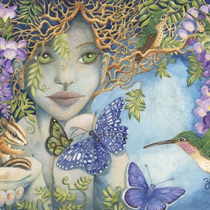 Terre femme 5 "x 7 » Art cartes de peintures originales d’aquarelle, nature de chipmunk gaia mère papillon fleurs colibri enfants art
