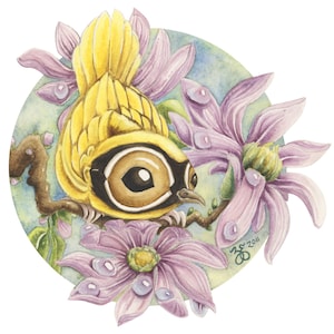 The Warbler 6&quot; x 6&quot; Vinyl Sticker from an Original Watercolour Painting by Zoey Ennenberg, nature, stickers, birds, yellow, magnolias