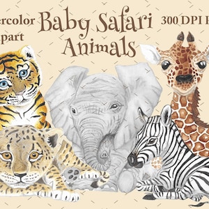 Clipart bébé animaux de safari - Clip Art animaux d'Afrique - plantes de la jungle - peint à la main - aquarelle - haute résolution 300 DPI - téléchargement numérique - PNG