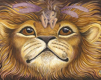 Lion art card - wildlife card - wildlife note cards - watercolor post card - fantasy art card - lion postcard - fantasy art greeting card