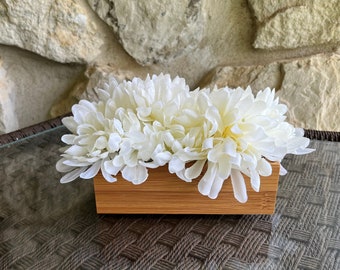 White Mums in Bamboo Wood Planter