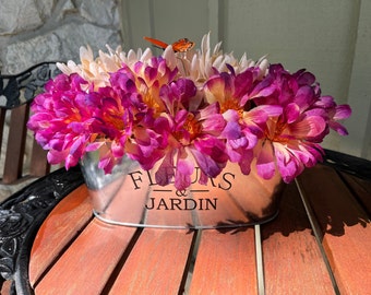 Fushia and White Mums in Metal Planter with Feather Butterfly Detail