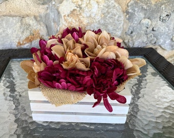 Chianti Mums with Burlap Dahlias in Wooden Planter