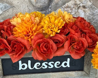 Fall Colored Mums and Roses in Rustic Wood Planter