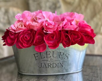 Bright Pink Peonies with Pink Roses and Pink Hydrangea in French Stamped Metal Planter