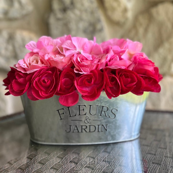 Bright Pink Peonies with Pink Roses and Pink Hydrangea in French Stamped Metal Planter