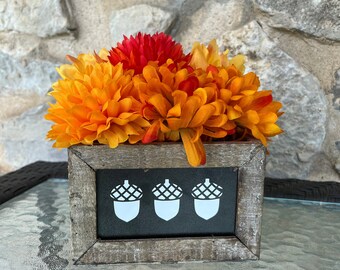 Fall Colored Mums in Square Rustic Wood Planter