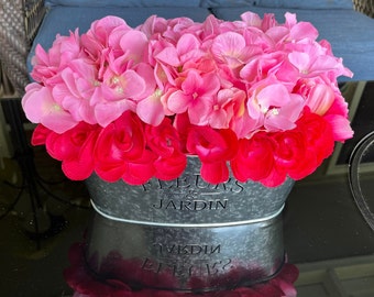 Pink Hydrangeas and Bright Pink Peonies in French Stamped Metal Planter