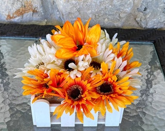 Orange and White Daisies in Wooden Planter