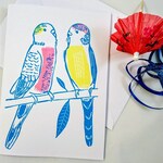 Budgies Linocut Card - Handprinted Budgerigar Linoprint - Handmade Love Bird - Valentines Card, Birthday Card, Wedding Card