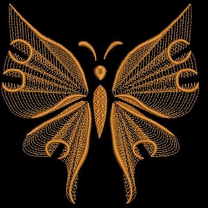 May include: A gold-colored butterfly design with intricate details, perfect for embroidery projects.