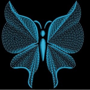May include: A teal butterfly design on a black backdrop. The butterfly's wings are made up of many curved lines, giving a textured look. The design is symmetrical, with a distinct body and antennae.