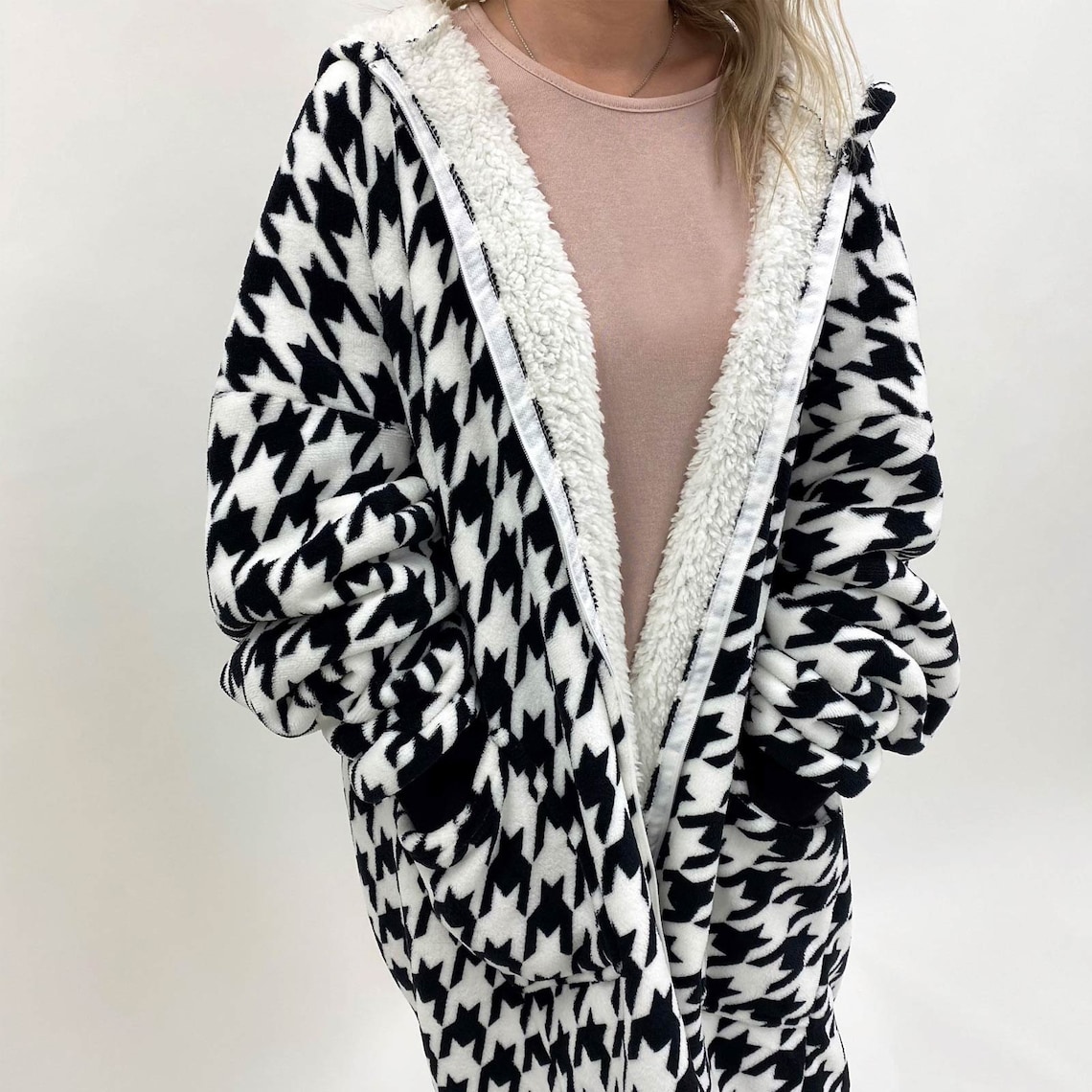 Houndstooth Print Zipup Oversized Hoodie Blanket Wearable Etsy