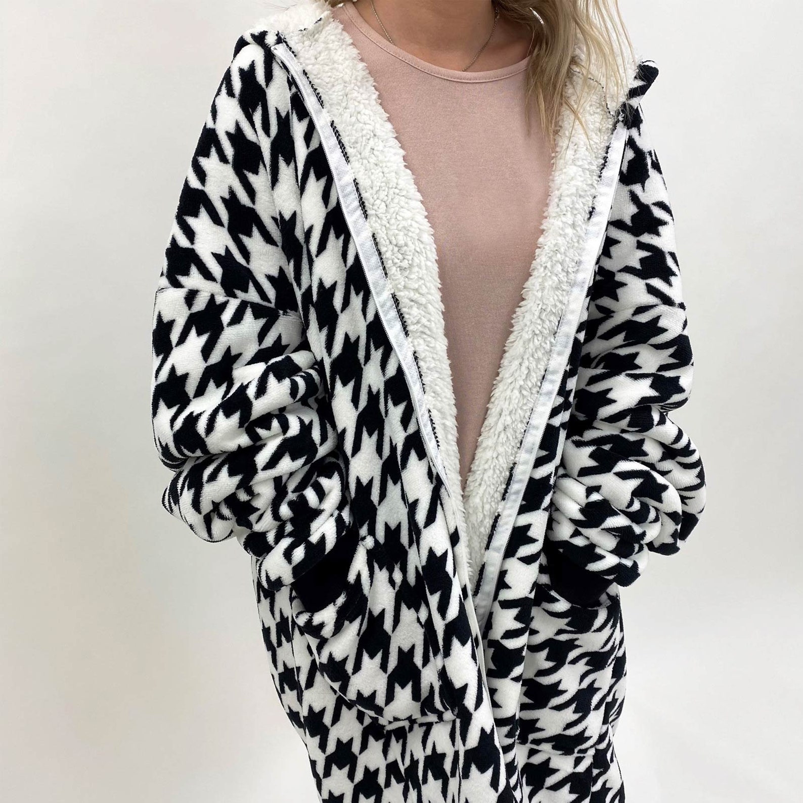 Houndstooth Print Zipup Oversized Hoodie Blanket Wearable Etsy