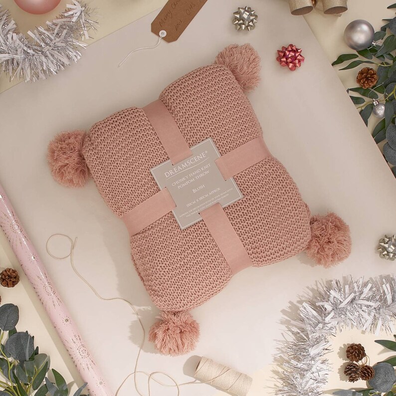 Chunky Knit Blanket Pom Pom Large Knitted Throw Over Warm Sofa Etsy UK