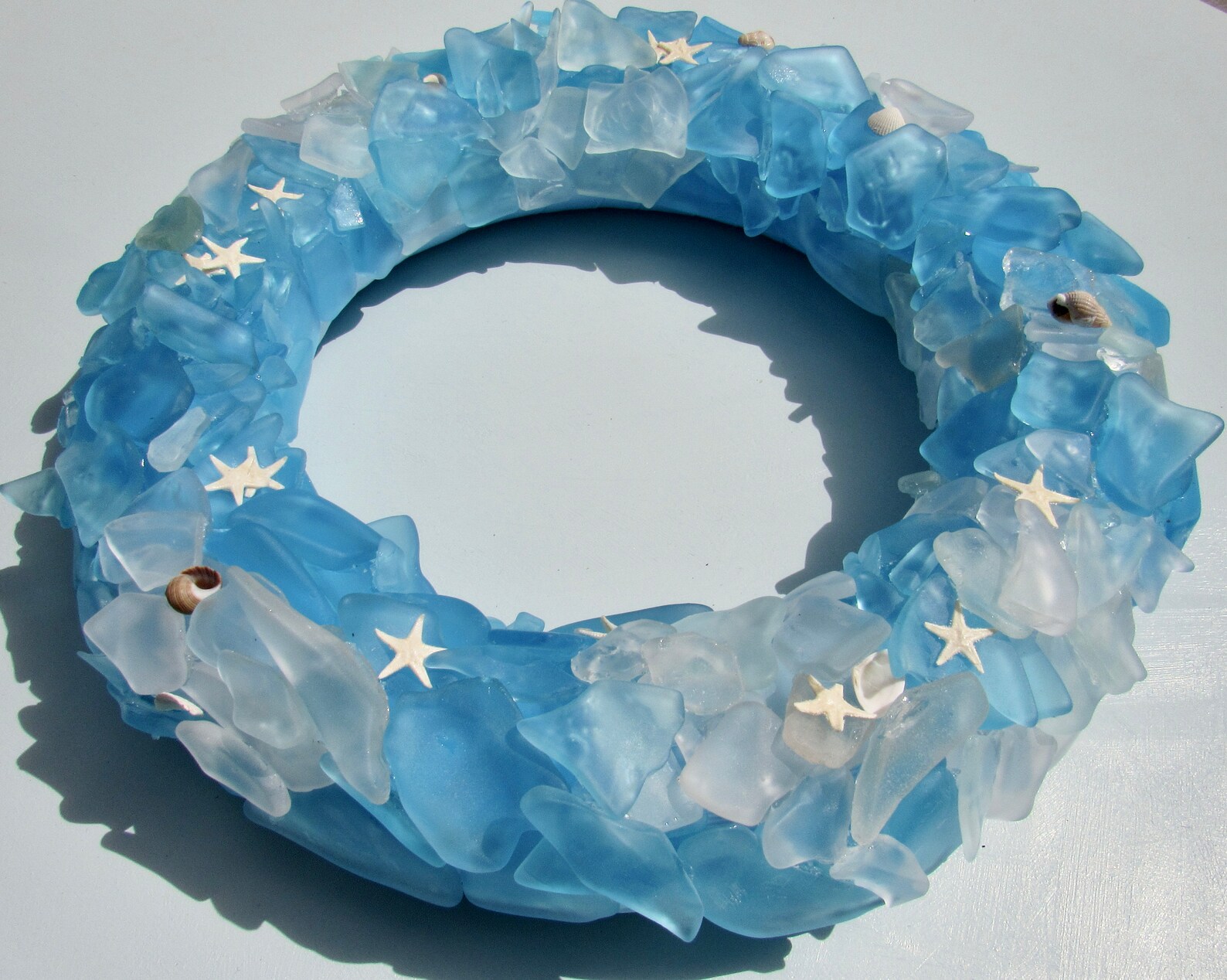 Sea Glass Wreath, Tumbled Glass Wreath, Turquoise and White Glass