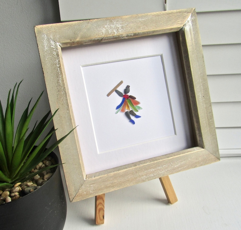 pebble art gift for him traditional English folk dance pebble picture summer dance sea glass and pebble Morris dancer blue sea glass