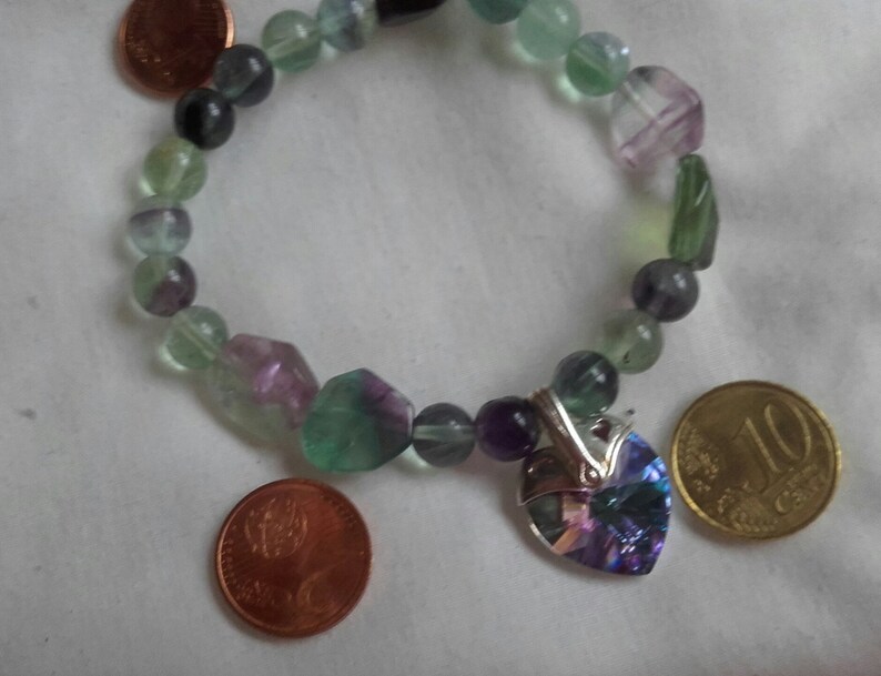 Beaded bracelet fluorite round and Irregular pendant heart Swarosvky mystical surrounds laminated silver woman birthday 40 OFF