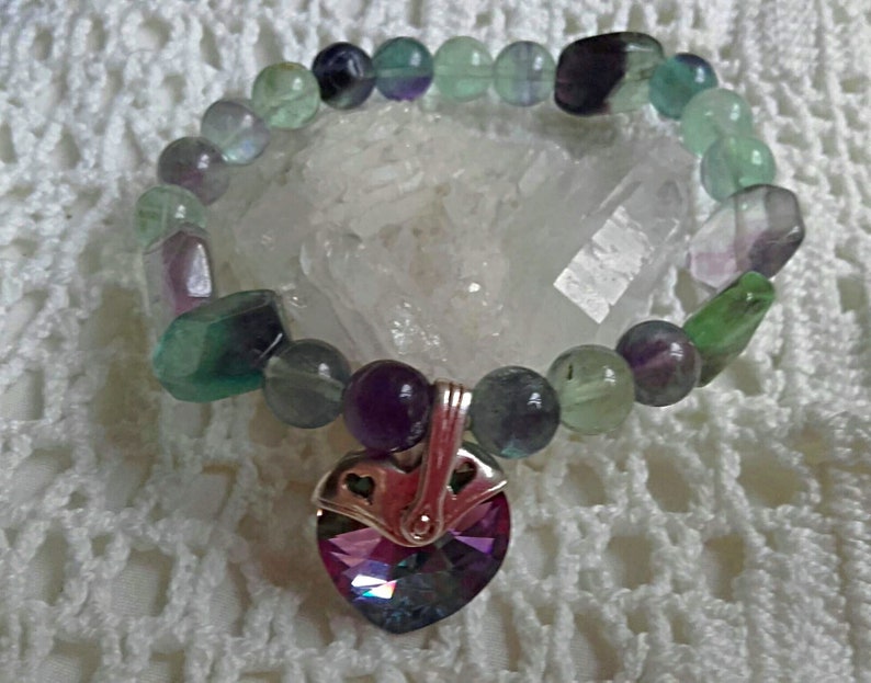 Beaded bracelet fluorite round and Irregular pendant heart Swarosvky mystical surrounds laminated silver woman birthday 40 OFF