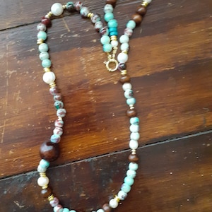Necklace with hand-painted ceramic beads, freshwater pearls, gold-tone hoops, not heavy, for Ellas&#39; birthdays