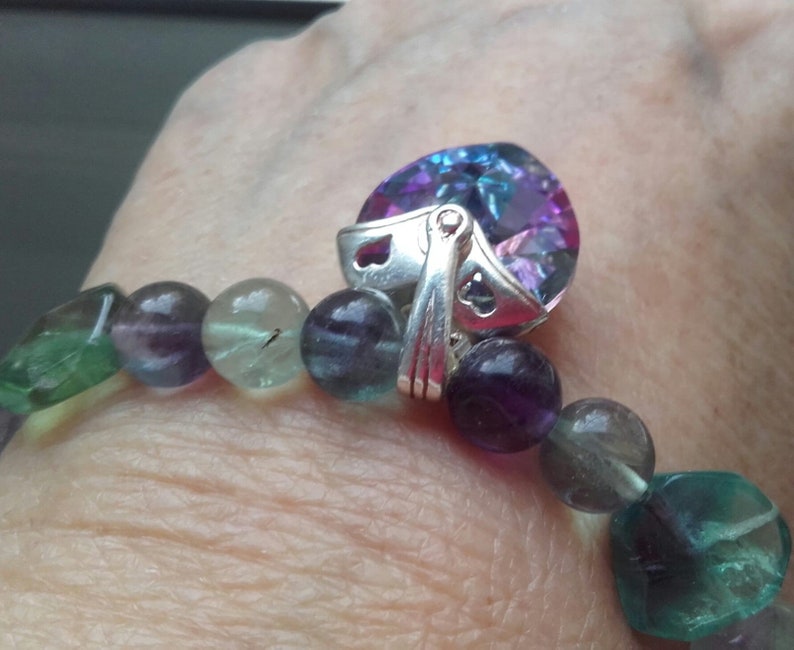 Beaded bracelet fluorite round and Irregular pendant heart Swarosvky mystical surrounds laminated silver woman birthday 40 OFF
